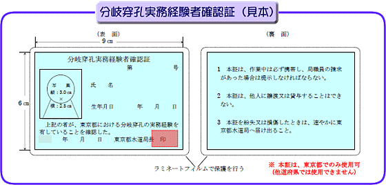 分岐穿孔実務経験者確認証（見本）
